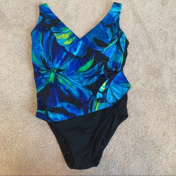Longitude blue green side tie ruffle neckline one piece swimsuit Sz 16 - Picture 6 of 6